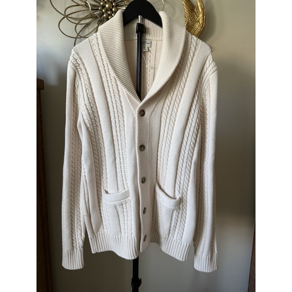J.Crew Cable Knit Cardigan Sweater Men's L Cream Cotton Shawl Collar NWOT